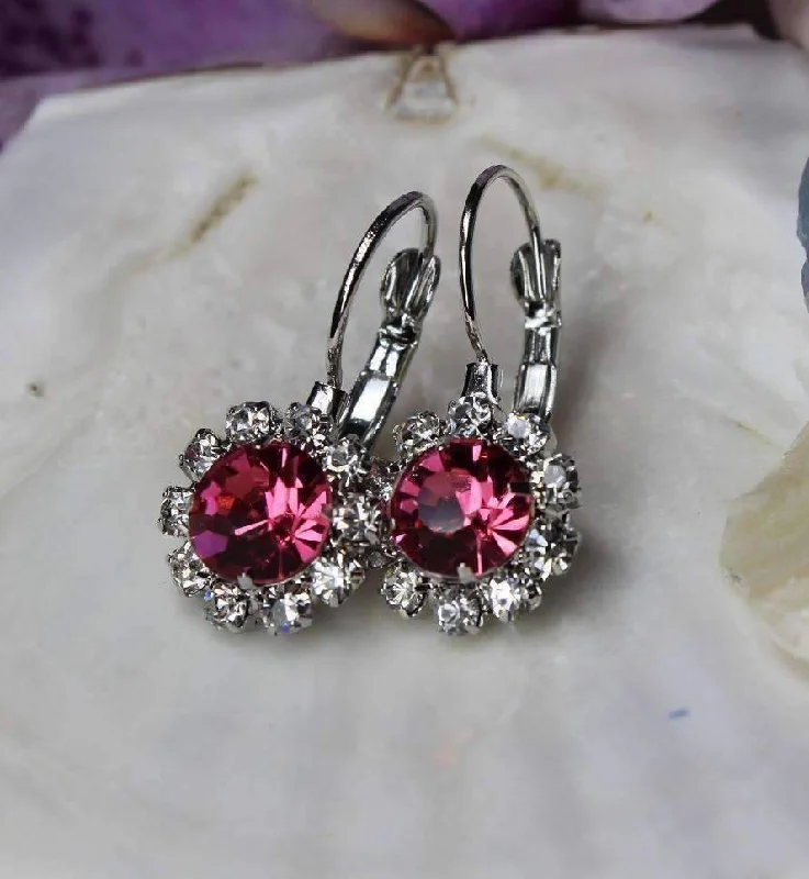 elegant earrings for women -Pink Crystal Flower Drop Earrings ~ White or Yellow Gold