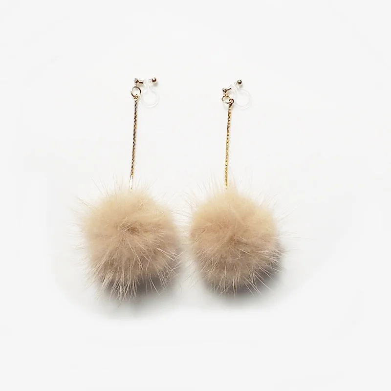 sparkling earrings for women -Light Brown Mink Fur Pom Pom Invisible Clip On Earrings