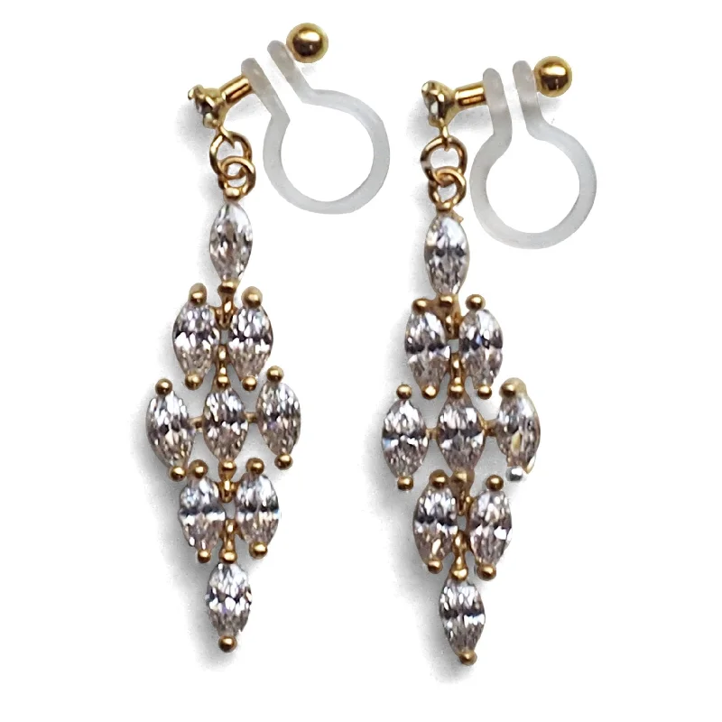 gold earrings with diamonds -Diamond shape cubic zirconia invisible clip on earrings ( gold tone )