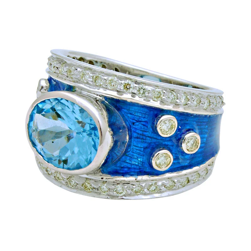 boho rings for women -Ring-Blue Topaz and Diamond (Enamel)