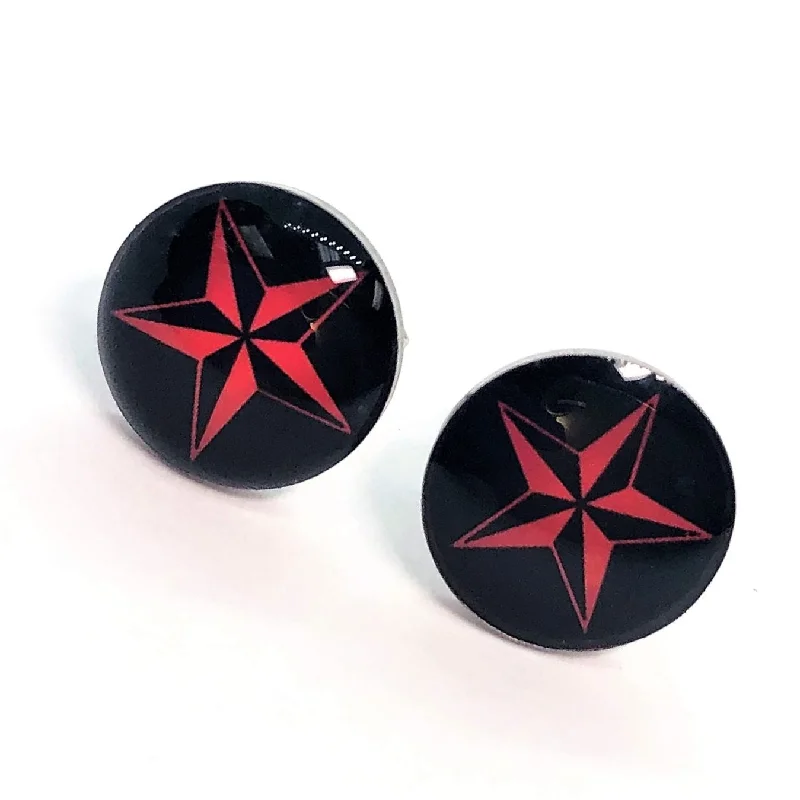 cute dangle earrings for women -Red Stars Enamel Button Stud Earrings