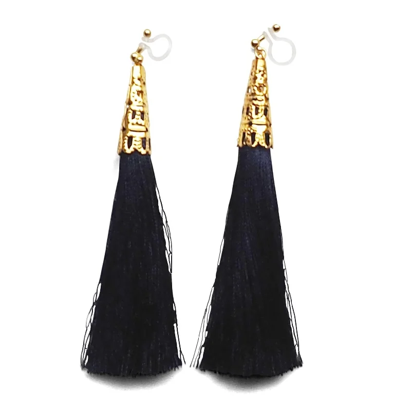 gold drop earrings for women -Long Navy Blue Tassel Invisible Clip On Earrings