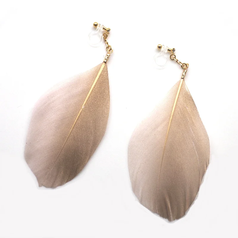 oversized hoop earrings for women -Gold painted pink feather invisible clip on earrings