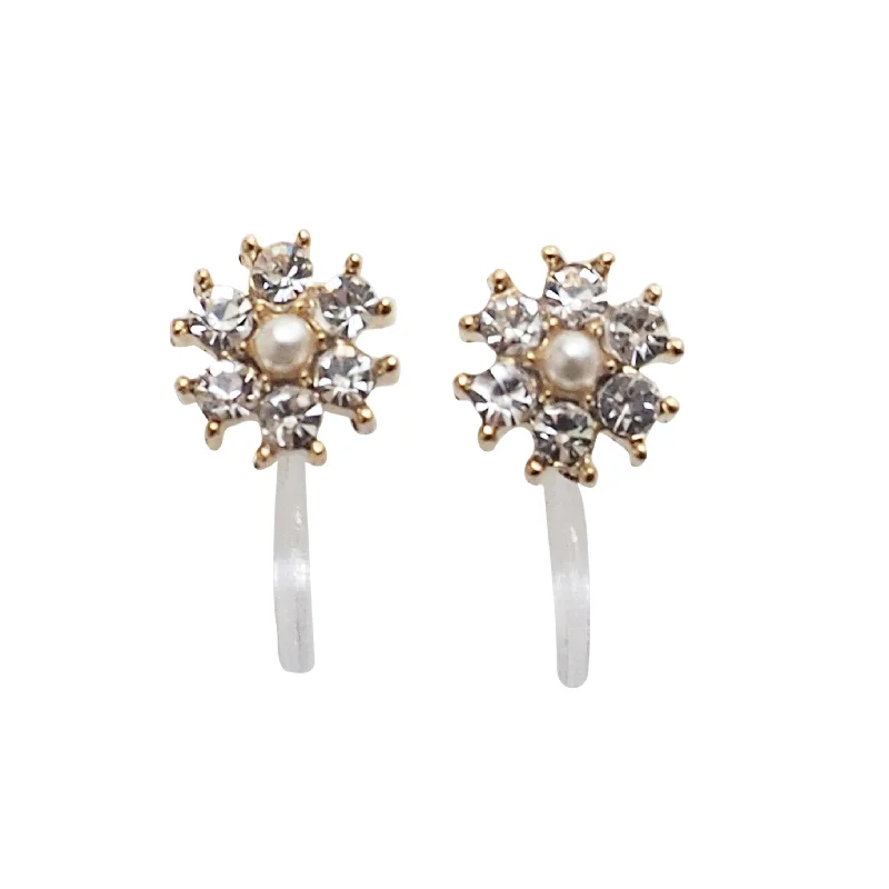 sterling silver earrings for women -Flower Rhinestone Invisible Clip On Stud Earrings (Gold tone)