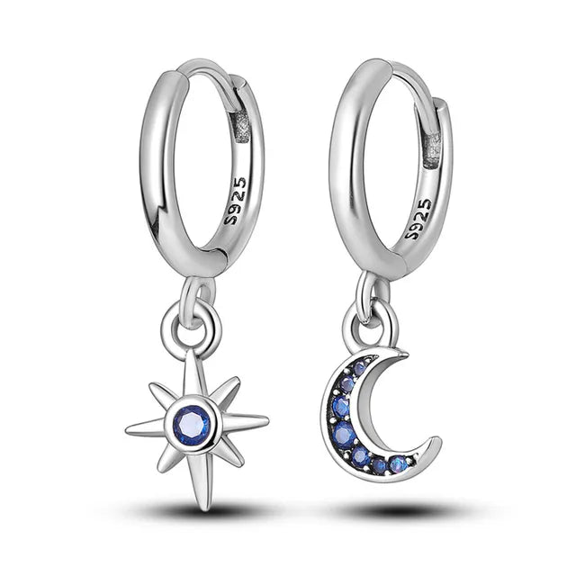 colorful earrings for women -Silver Hoop Earrings with Mini Star & Moon Zirconia Pendants