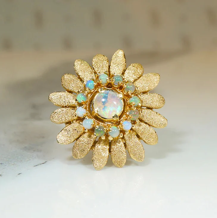 romantic engagement rings -Flamboyant Flower Opal & Gold Pop Art Ring