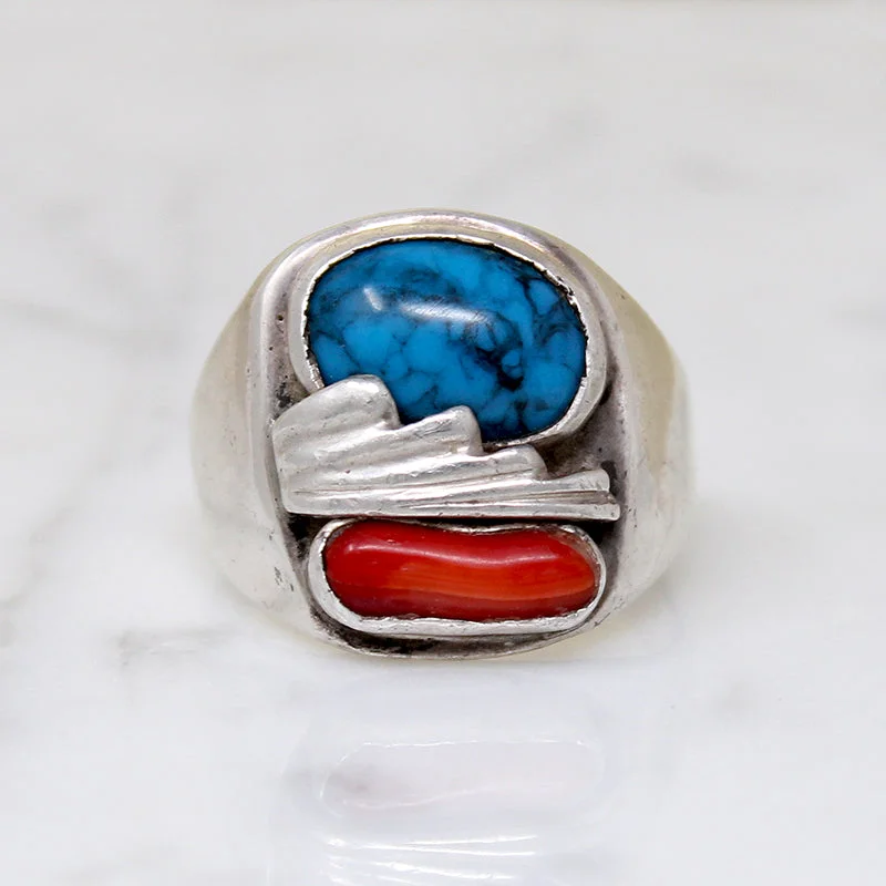 statement rings for women -Chunky Modernist Turquoise & Coral Ring