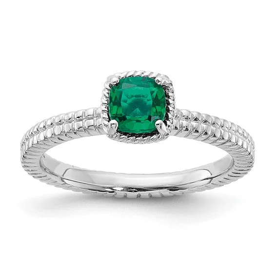 classic necklaces for women -Sterling Silver Stackable Expressions Created Emerald Cushion Ring