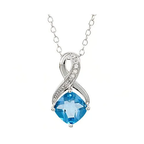 engraved gold necklaces for women -Sterling Silver Cushion Cut Swiss Blue Topaz & Diamond Pendant 18" Necklace