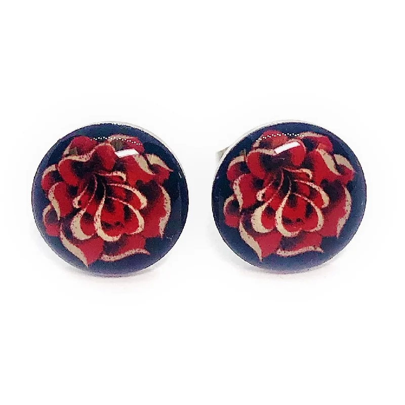 glamorous earrings for women -Gold Rose Enamel Button Stud Earrings