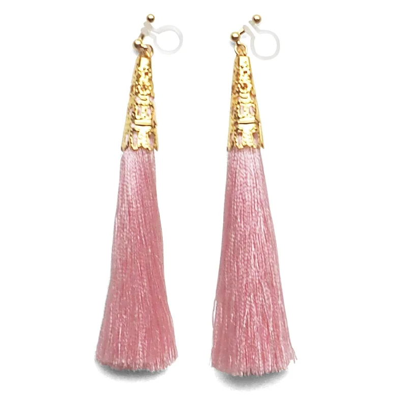 bohemian earrings for women -Long Pink Tassel Invisible Clip On Earrings