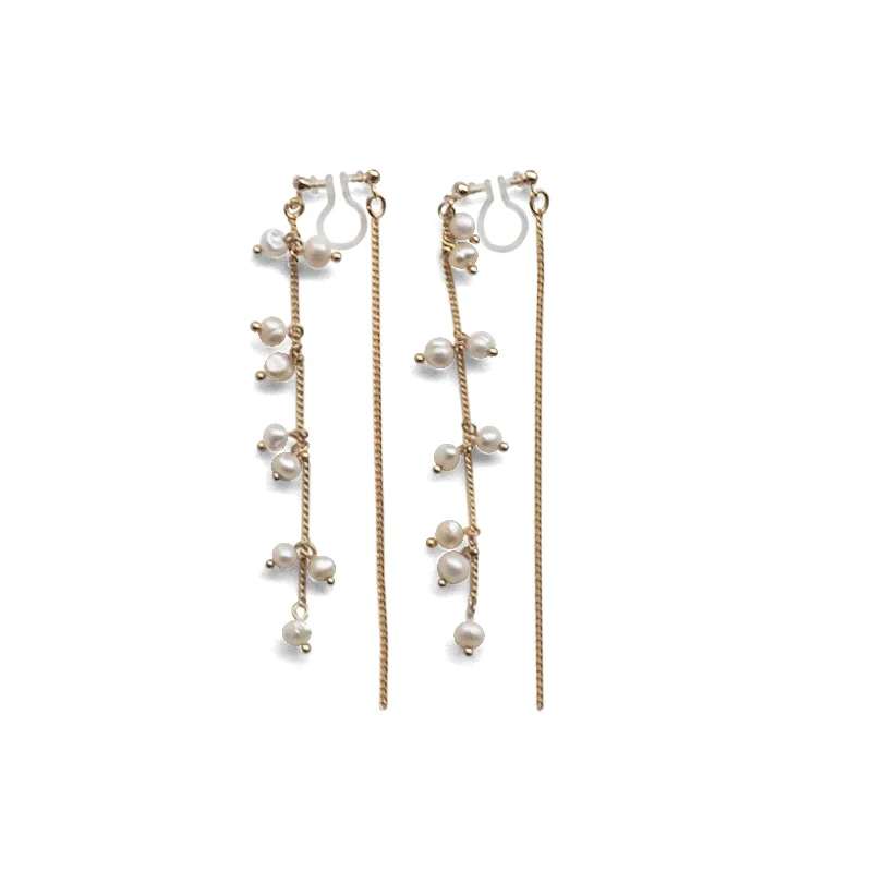 wedding drop earrings for women -Double Sided Beaded White Freshwater Pearl Invisible Clip On Earrings (Gold tone)