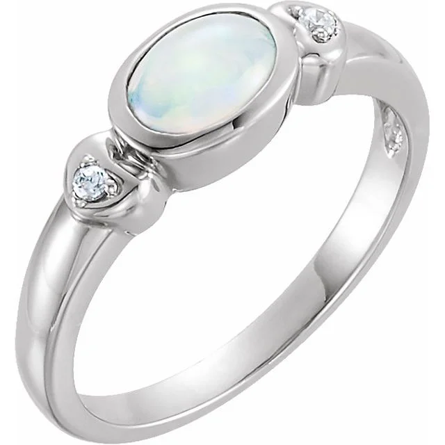 sapphire necklaces for women -14k White Gold Bezel Oval Genuine Australian Opal & Diamond Hearts Ring