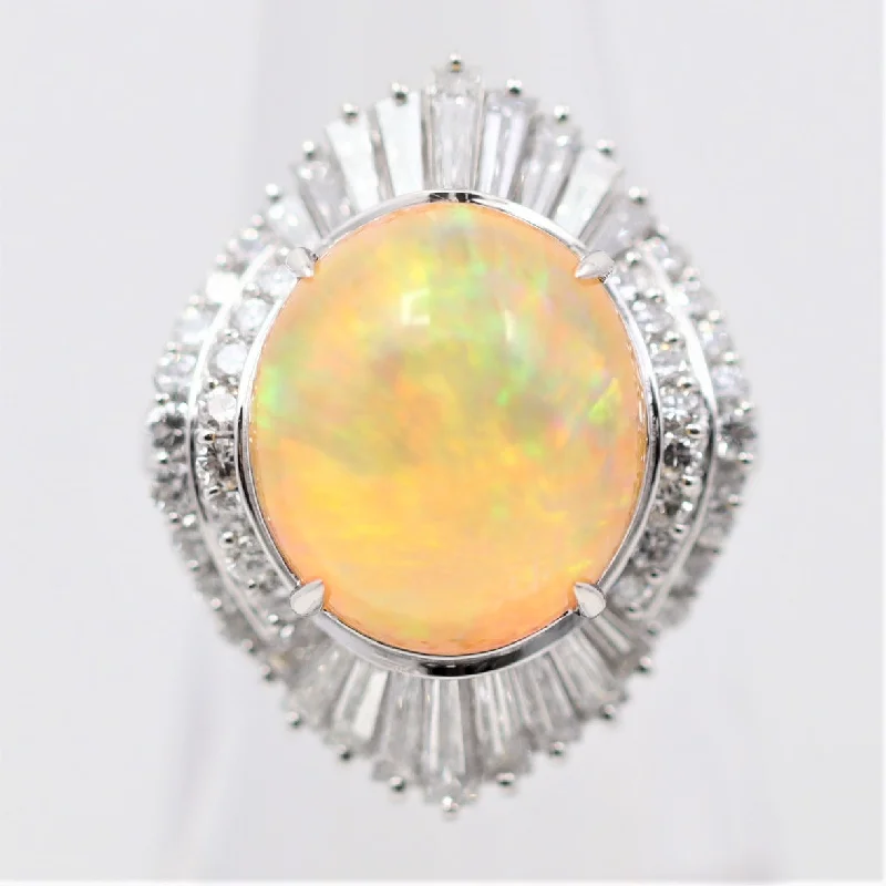 vintage diamond rings -Superb Mexican Fire Opal Diamond Platinum Cocktail Ring