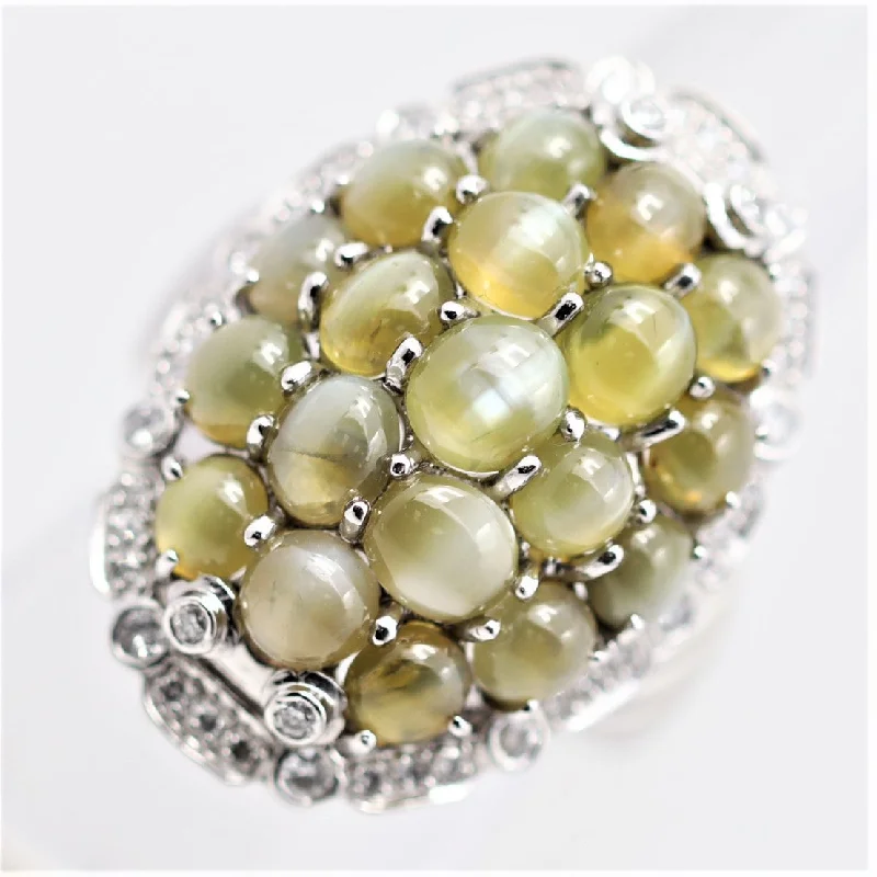 unique rings for women -Cats Eye Chrysoberyl Cluster Diamond Platinum Cocktail Ring