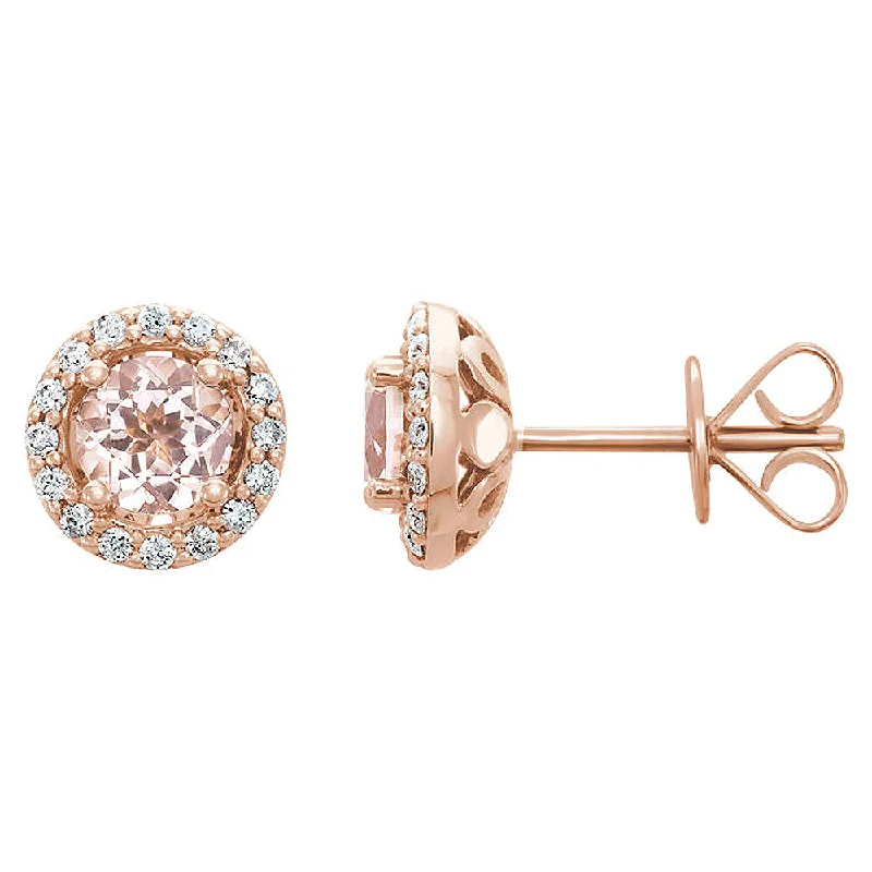 glamorous earrings for women -8.75mm 14k Rose Gold Morganite & 1/5 CTW(GI, I1) Diamond Halo Earrings