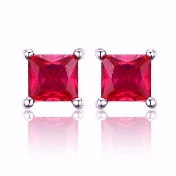 crystal drop earrings for women -Royal Red Princess Cut 0.8 CT Simulated Ruby Stud Earrings