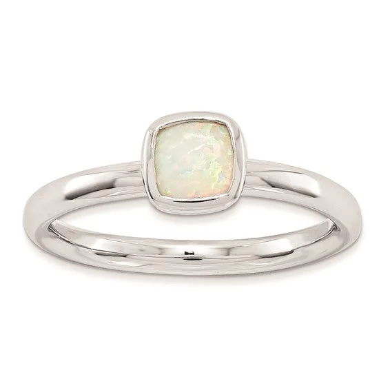 trendy necklaces for women -Sterling Silver Stackable Expressions Cushion Cut Created Opal Ring