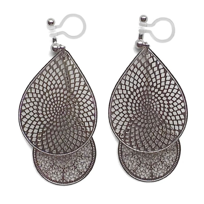 trendy drop earrings for women -Dangle silver teardrop filigree invisible clip on earrings