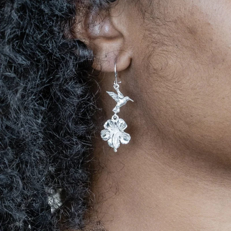 custom crystal earrings for women -Humming Bird & Hibiscus Flower Long Earring