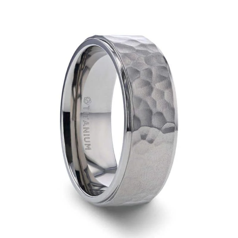 crystal necklaces for women -Thorsten MINISTER Titanium Ring with Raised Hammered Finish and Polished Step Edges - 8mm