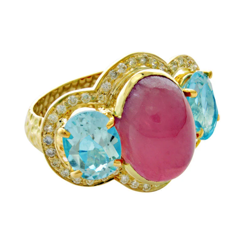 gold rings for women -Ring-Rubellite, Blue Topaz and Diamond