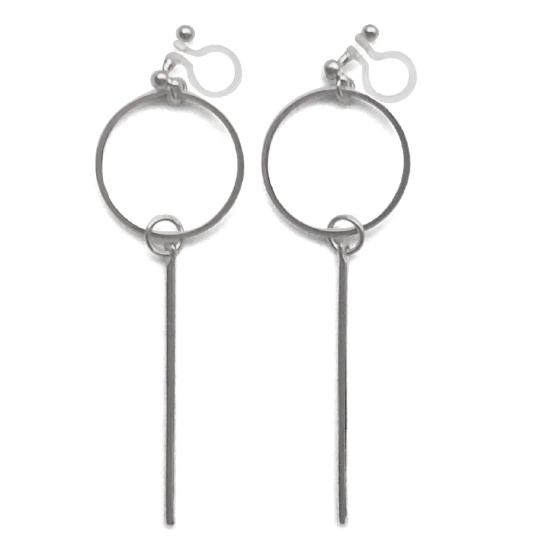 sterling silver drop earrings for women -Hoop and Bar Invisible Clip On Earrings ( Silver tone )