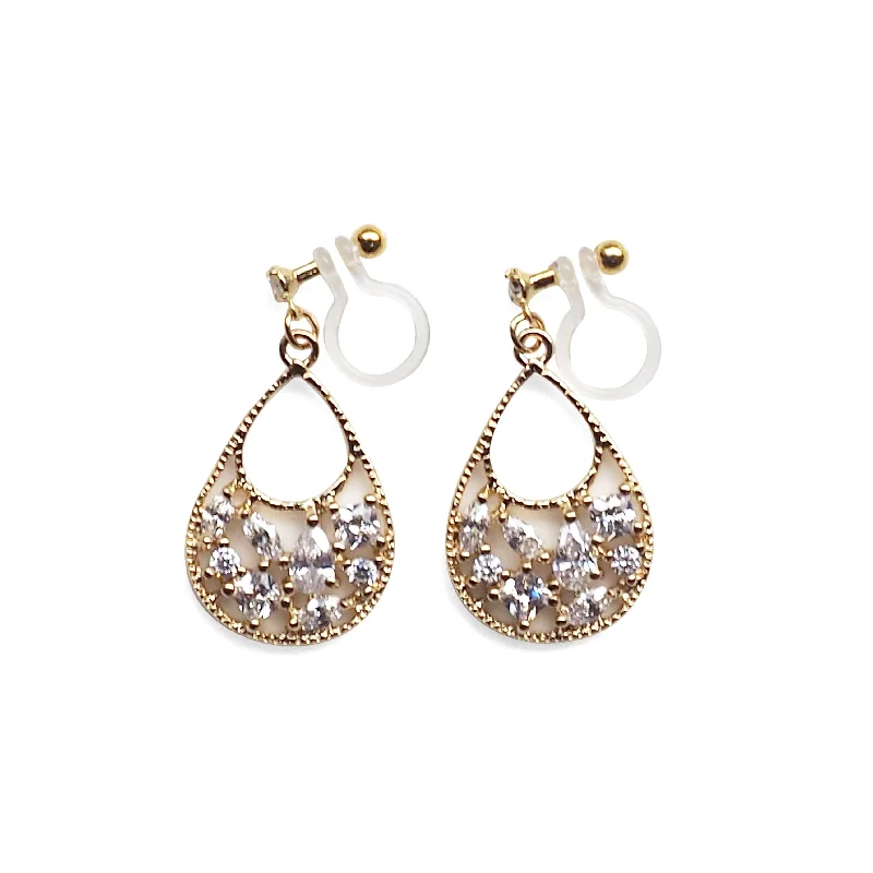 layered drop earrings for women -Teardrop filigree cubic zirconia invisible clip on earrings (Gold tone)