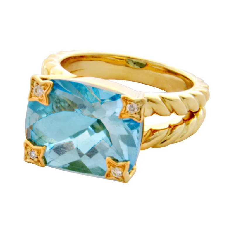 gemstone cocktail rings -Ring-Blue Topaz and Diamond