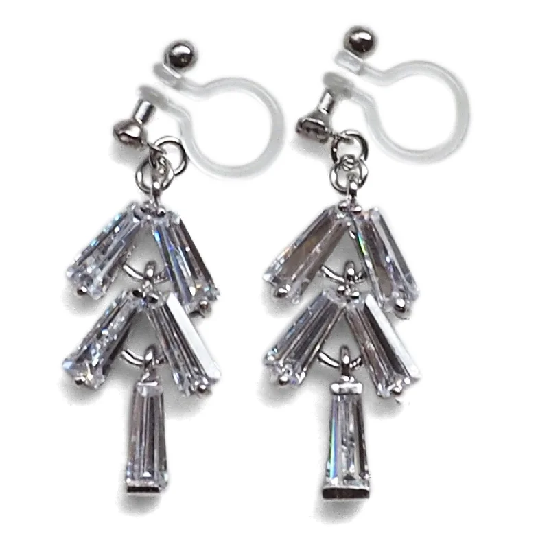 layered earrings for women -Cubic zirconia invisible clip on earrings  ( Silver tone )