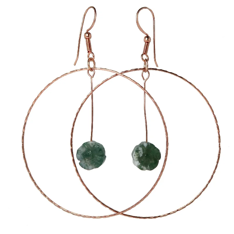 contemporary earrings for women -Moss Agate Earrings Green Flower Power Hoops of Copper