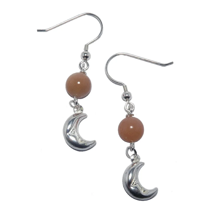 elegant drop earrings for women -Peach Moonstone Earrings Swinging Moon Sterling Silver