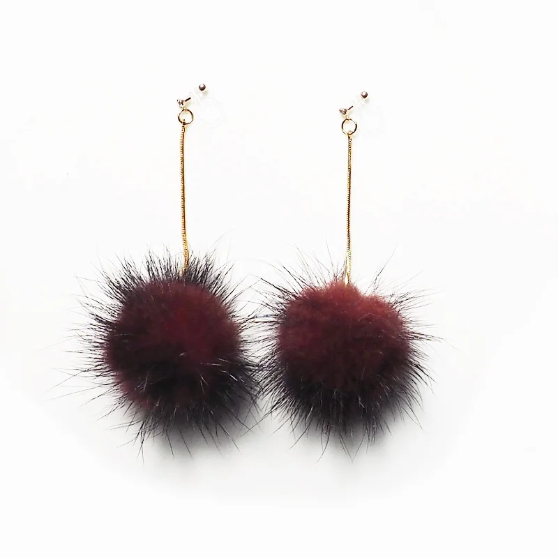 bridal drop earrings for women -Burgundy Mink Fur Pom Pom Invisible Clip On Earrings