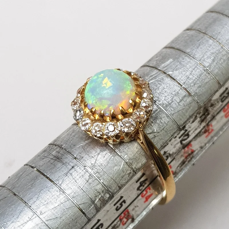 unique rings for women -Superb 18k Gold Diamond And Opal Cabochon Daisy Cluster Ring Size U.K N 1/2 Vintage Art Deco circa 1920's