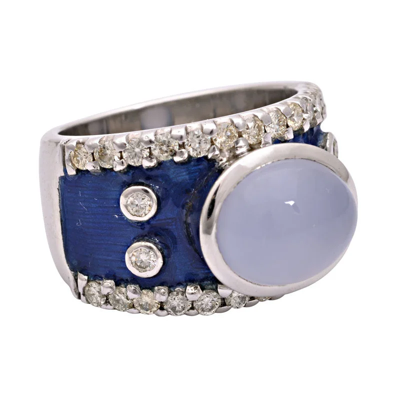 yellow gold rings for women -Ring-Chalcedony and Diamond (Enamel)