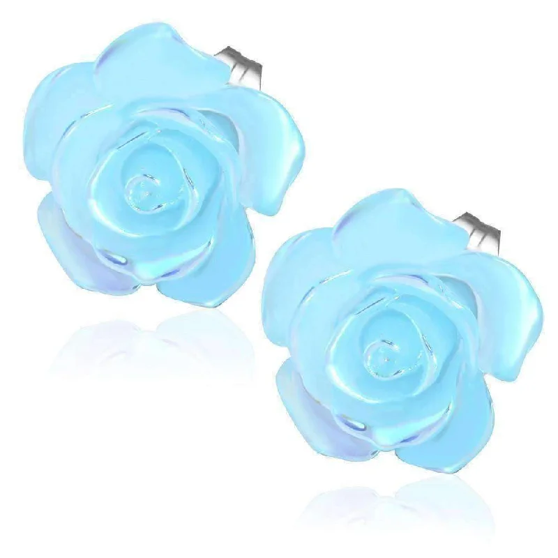 stackable earrings for women -Light Blue Rose Stud Stainless Steel 316 Earrings For Woman