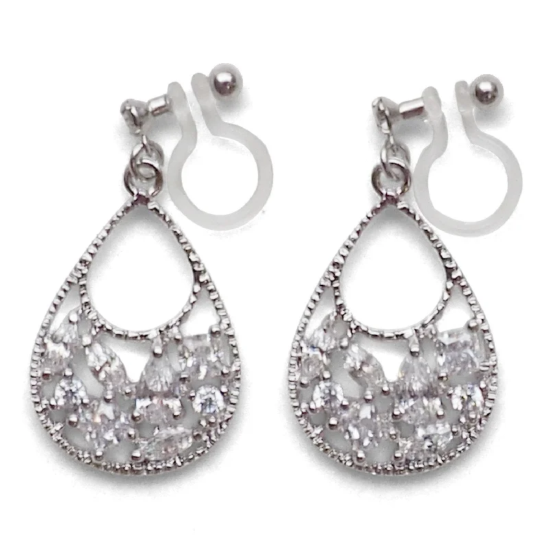 cute stud earrings for women -Teardrop filigree cubic zirconia invisible clip on earrings (silver tone)