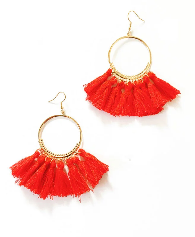 dangling gemstone earrings for women -Red Tassel Statement Hoop Earrings