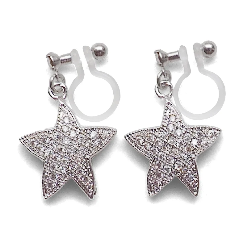 luxury drop earrings for women -Star micro pave cubic zirconia invisible clip on earrings ( silver tone )