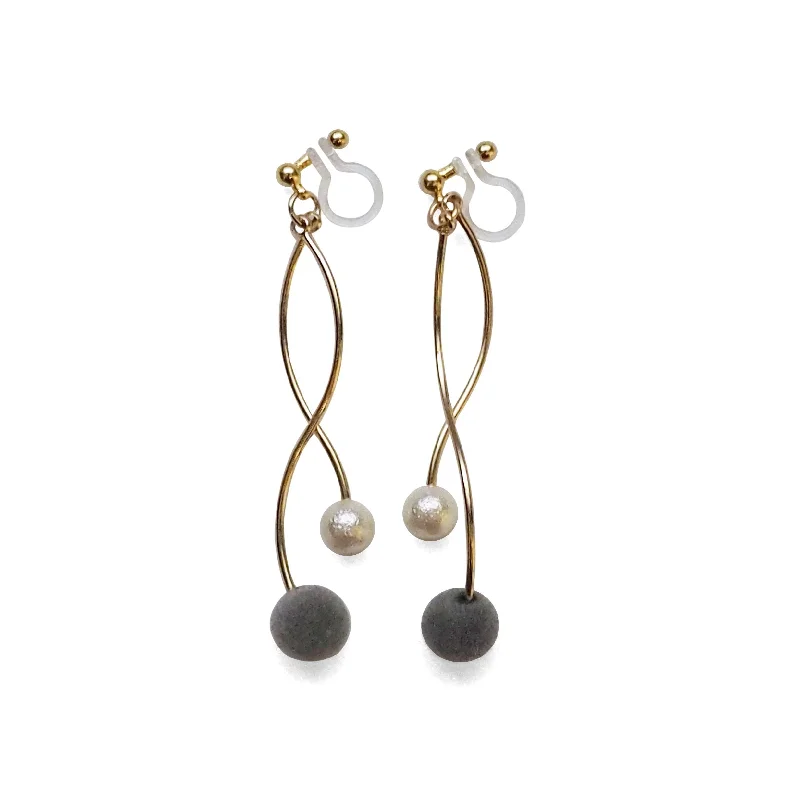 oversized hoop earrings for women -Gray velvet balls and white pearl invisible clip on earrings