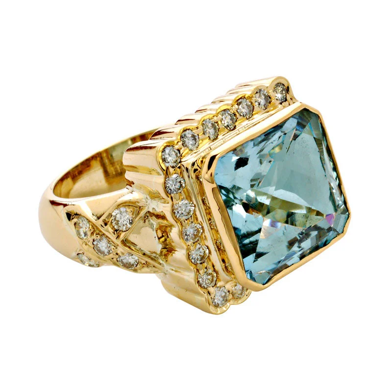 vintage rings for women -Ring-Aquamarine and Diamond