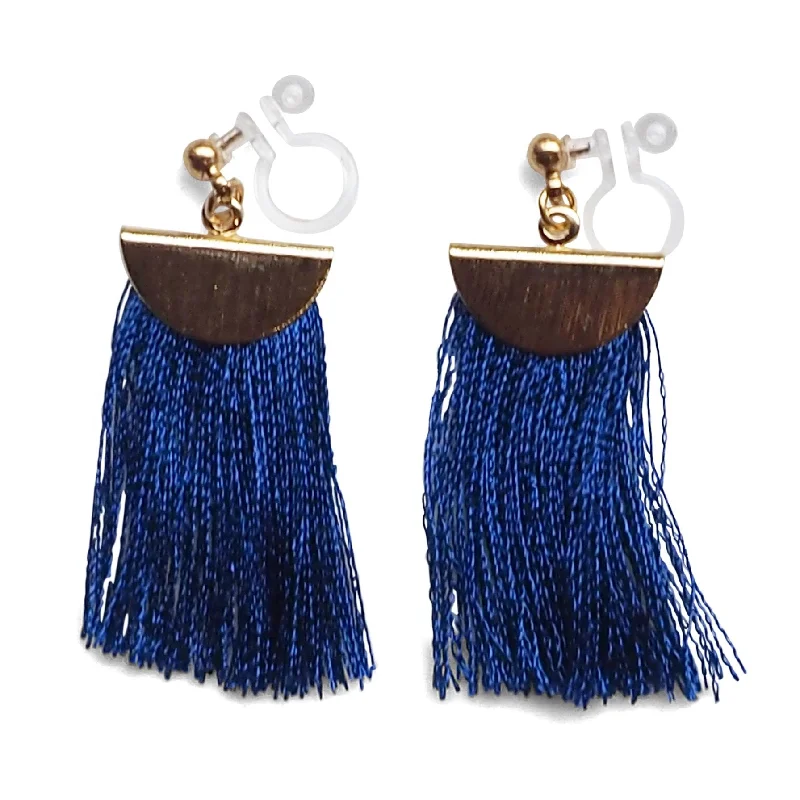 dangling gemstone earrings for women -Royal blue flat tassel invisible clip on earrings