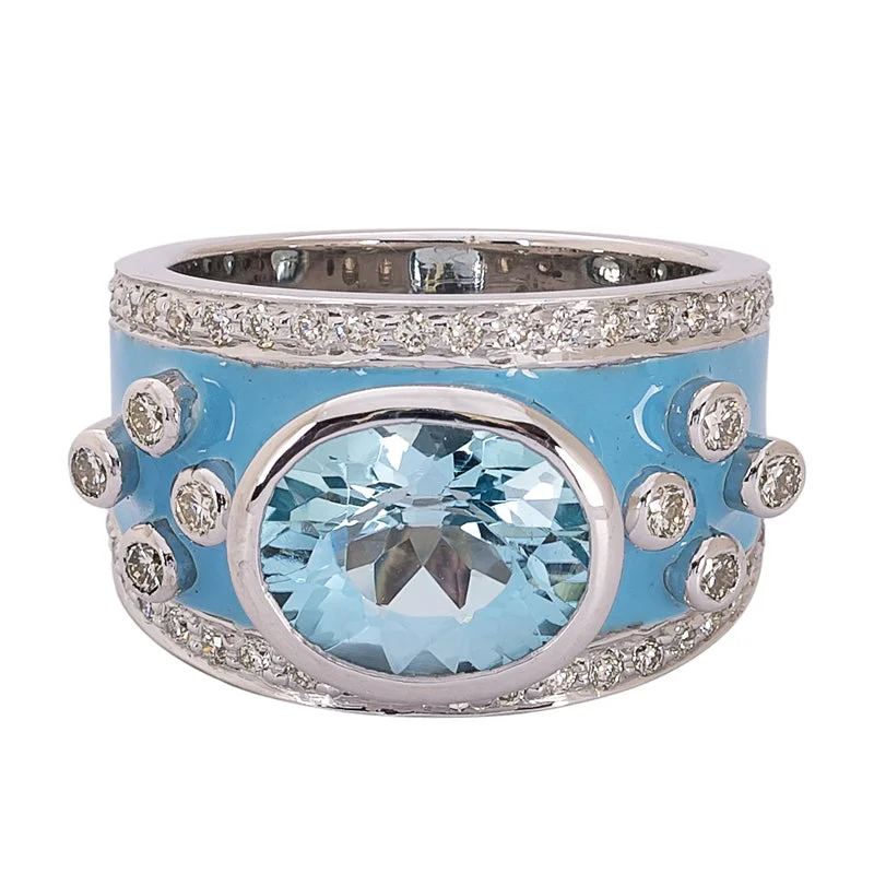 cushion-cut rings for women -Ring- Blue Topaz and Diamond (Enamel)