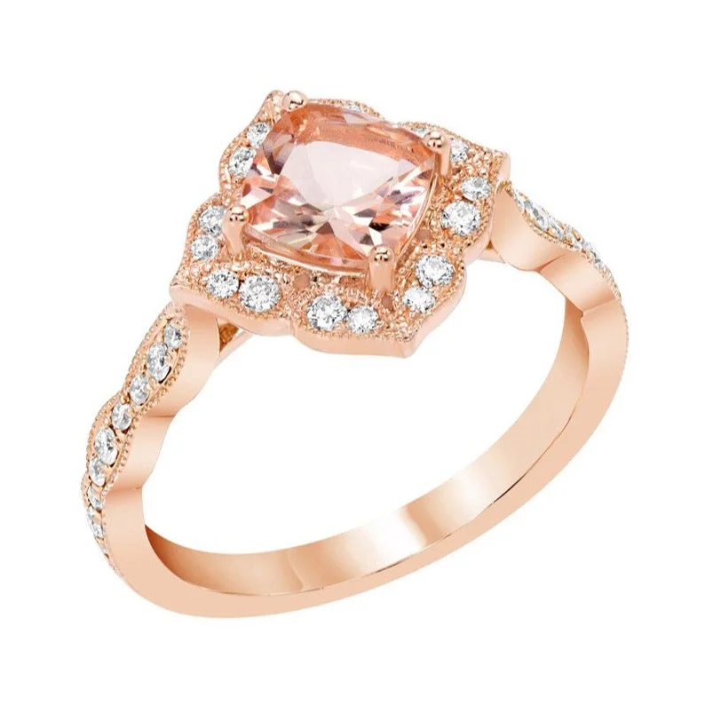 custom necklace pendants for women -14k Rose Gold Cushion Cut Morganite Diamond Halo Engagement Ring