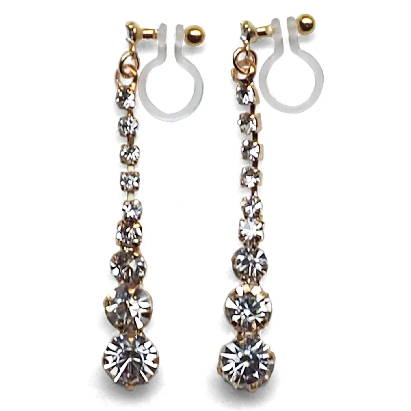 cute stud earrings for women -Bridal long rhinestone crystal invisible clip on earrings ( gold tone )