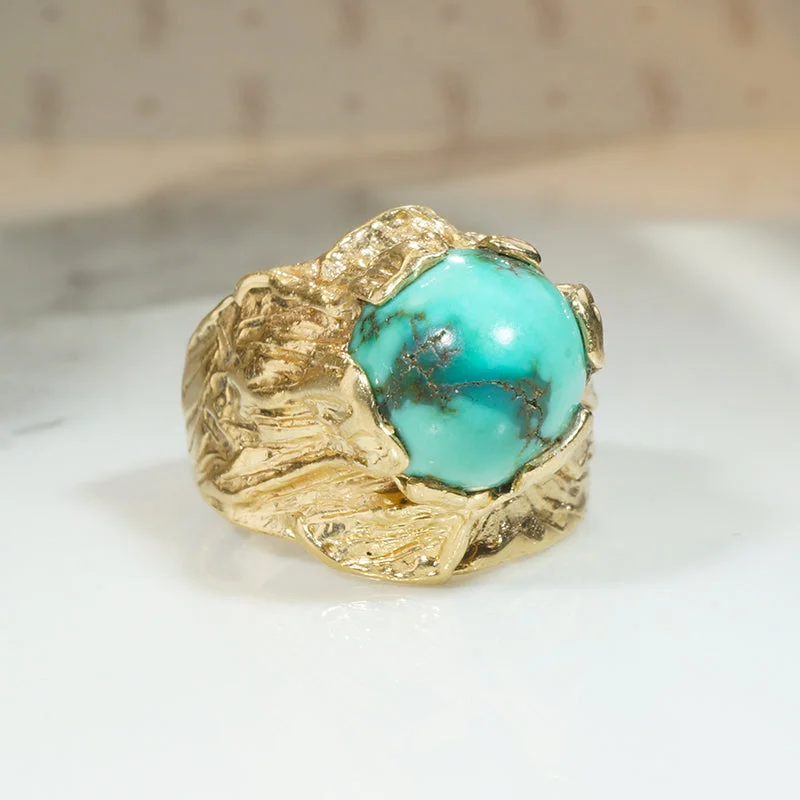 luxury sapphire rings -Captivating 1960s Brutalist Gold and Turquoise Ring