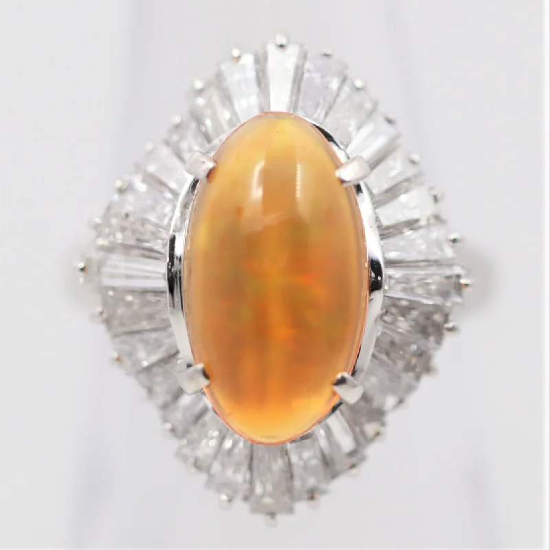 vintage wedding rings for women -Mexican Fire Opal Diamond Platinum Ballerina Ring