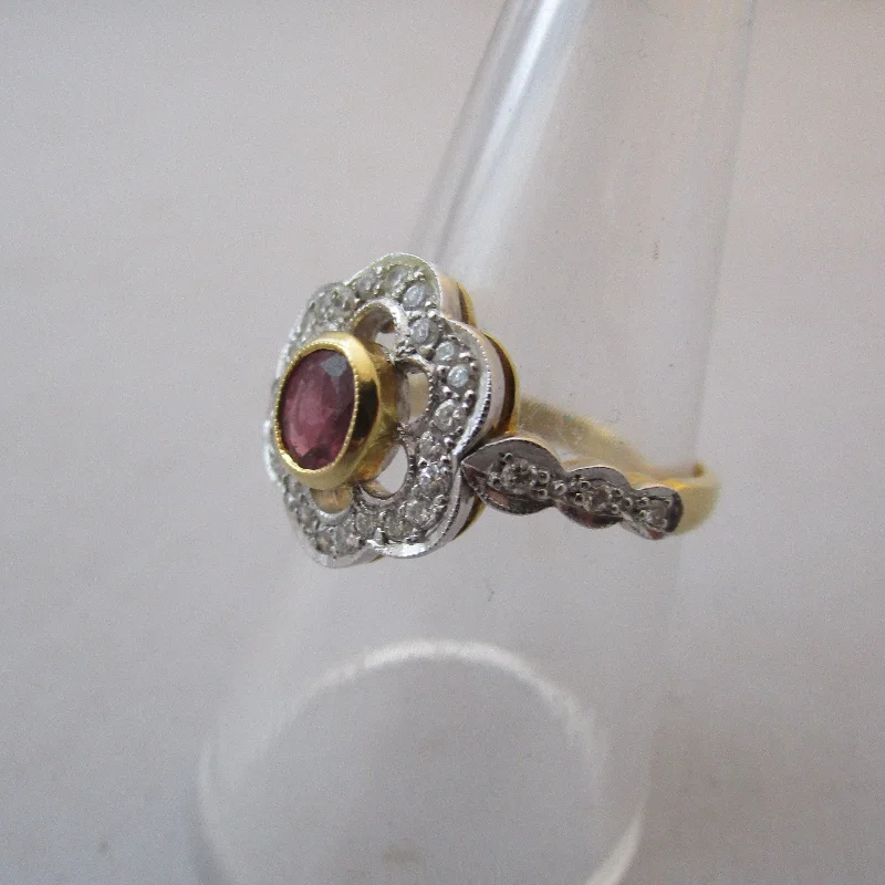 promise rings for women -18K Gold Ruby And Diamond Floral Cluster Ring Vintage c1987