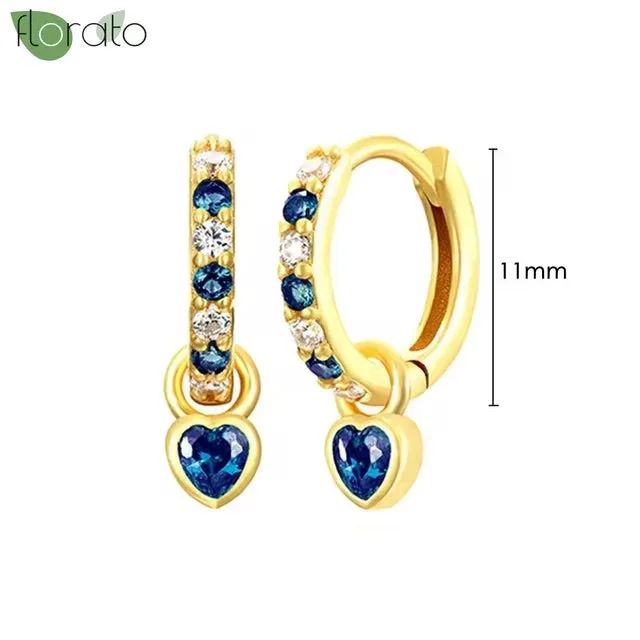 small hoop earrings for women -Gold Hoop Earrings with Blue Hearts