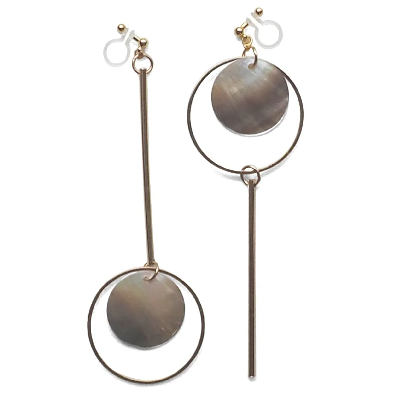 oversized hoop earrings for women -Dangle Asymmetric Brown Shell and Gold tone Hoop Invisible Clip On Earrings